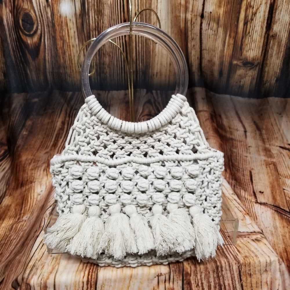 JustFab Tan Crochet Fringe W/ Acrylic Top Handle Women's Mini Purse